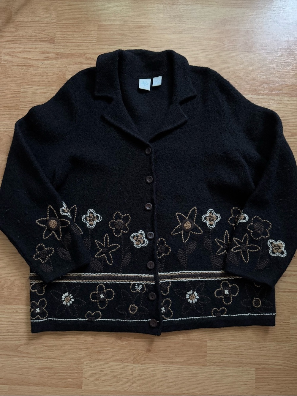 VTG Frost 100% Boiled Wool Embroidered Floral Cardigan Sweater Jacket Gray/black
